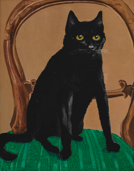 A painting of a black cat sitting on a chair by the artist Maeve Gilmore