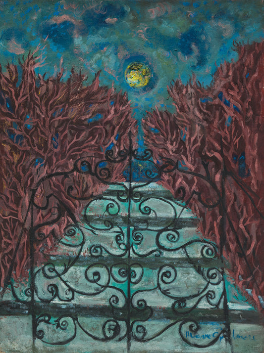 Artistic depiction of a gate with red trees and a moonlit sky by Maeve Gilmore