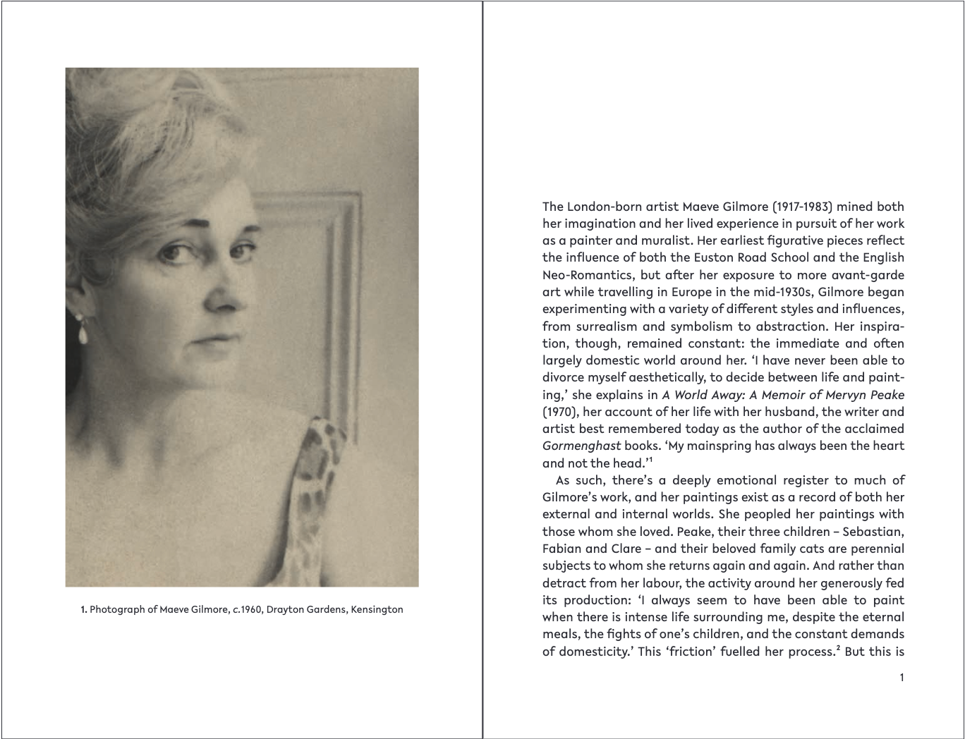 A spread from inside the Maeve Gilmore book showing a sepia head and shoulders portrait  photograph of a the artist with text on a white background